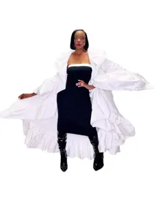 Fashion women long ruffle shawl coat with black dress set, elegant streetwear style.