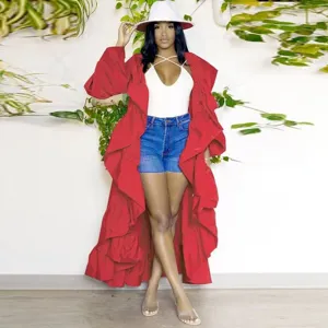 Women Casual Long Trench Coat Solid Color Ruffle Shawl Outerwear Loose Long Sleeve Hooded Windbreaker Jacket Streetwear