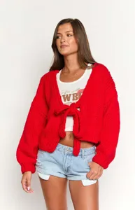 Cardigan in grossa maglia con fiocco sul davanti, elegante cappotto corto rosso da donna.