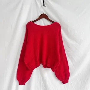 Maglione rosso in maglia grossa da donna, pullover corto casual a maniche lunghe con bordi.