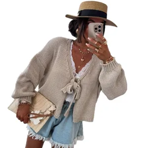 Donna cardigan grosso maglia nodo davanti pullover corto casual stile principale vista