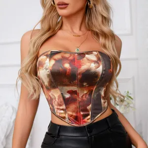Modisches Vintage Oelgemälde Print trägerloses Korsett Bandeau Oberteil für Damen schick