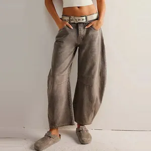 Womens casual loose solid color wide leg jeans vintage washed grey denim barrel pants