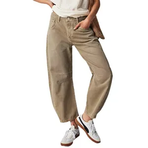 Trendy women's casual loose solid color curved denim pants, comfortable stylish wear.