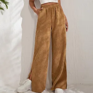 Women's High Waist Corduroy Wide Leg Pants Solid Color Casual Straight Trousers With Side Slit Autumn Winter Fashion Clothes
