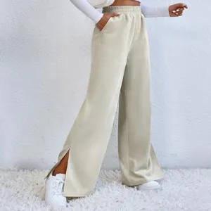 Women high waist corduroy wide leg pants casual solid color split hem long trousers