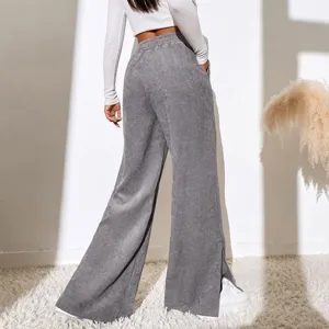 Women High Waist Corduroy Wide Leg Pants Casual Solid Color Slit Trousers Autumn Winter