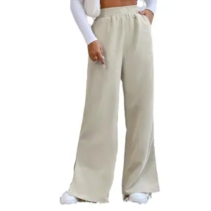 Women high waist corduroy wide leg pants casual solid color split long trousers main view