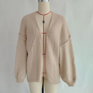 Women V-Neck Solid Color Loose Knit Cardigan Casual Long Sleeve Autumn Sweater Top