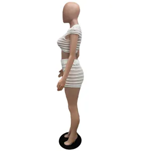 Women white knitted two piece set short sleeve crop top and high waist skirt outfit