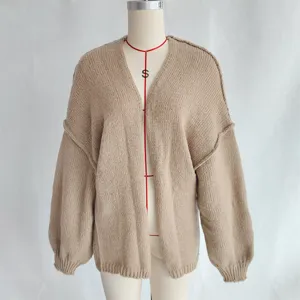 Casual loose V-neck solid color knit cardigan sweater for women, comfortable autumn winter daily wear.