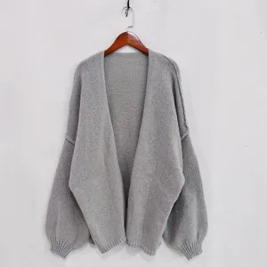 Grey knitted cardigan for women, loose V-neck long sleeve sweater coat for autumn and winter.