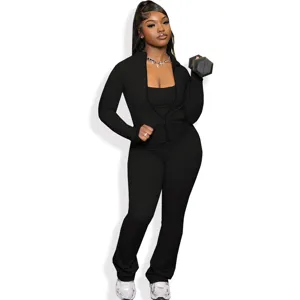 Black athletic two-piece workout set featuring a front-zip cardigan jacket and matching pants.