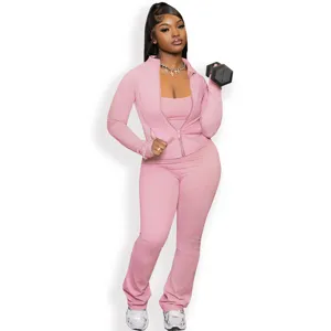 Women pink activewear set zip jacket cami and pants casual sports tracksuit gym outfit.