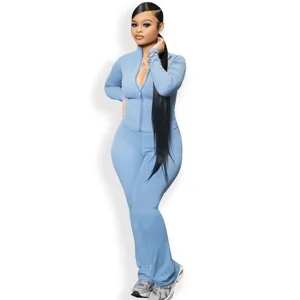 Women casual solid color zip up jacket and matching pants active tracksuit set style