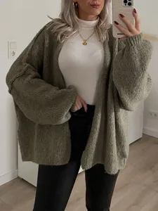 Casual loose green cardigan sweater for women, comfortable long sleeve knit outerwear.