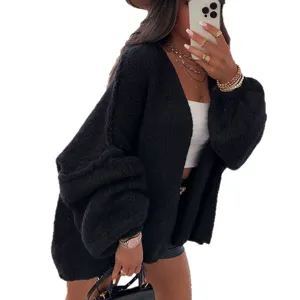 Women oversized black knit cardigan V-neck casual loose sweater coat autumn winter outerwear