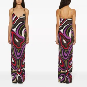 Detailed view of the colorful abstract printed satin slip long dress with backless design.