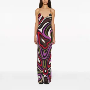 Women Vacation Style Geometric Print Satin Cami Maxi Dress Sexy Backless V-Neck Long Dress For Summer Resort Party Wear