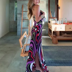Stunning abstract printed satin slip maxi dress, resort style backless long dress for women.