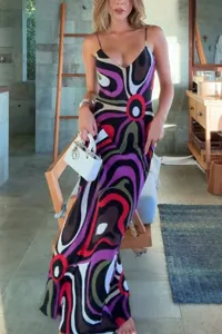 Women psychedelic print slip dress summer resort style sexy backless long maxi dress