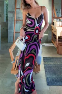 Women's vacation style colorful abstract print satin slip backless long maxi dress party wear