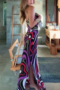 Women boho abstract printed satin slip maxi dress resort wear elegant backless long dress
