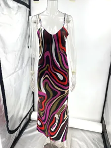 Women satin slip midi dress abstract psychedelic print backless spaghetti strap summer gown
