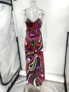 Elegant retro psychedelic print slip midi dress for women, perfect for summer resort vacation style.