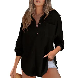 Dames casual wafelbreisel lange mouw knoophemd losse effen kleur top blouse stijl