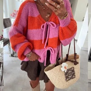 Pink orange striped cardigan sweater women loose casual knit coat with cute bow ties for autumn