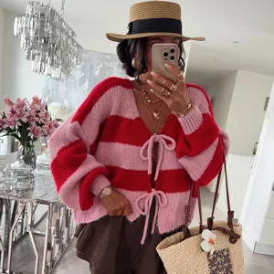 Women colorblock striped knit cardigan, casual V-neck long sleeve tie-front sweater top.