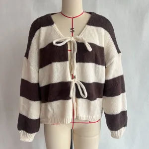 Brown white striped knitted cardigan, V-neck long sleeve sweater with cute front bow ties.
