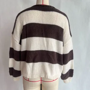 Women's casual brown and white striped knit sweater, cozy long sleeve crewneck pullover.