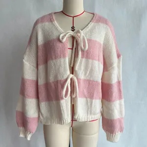 Pink white striped knit cardigan front tie detail close up view casual sweater coat