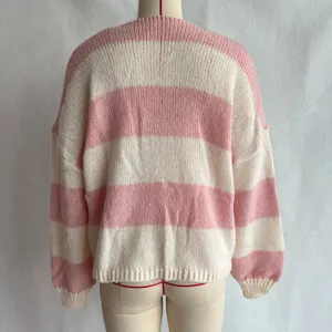 Pink and white striped knit cardigan back view, cozy loose fit casual sweater outerwear for women.
