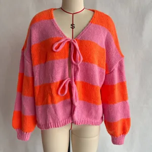 Women color block knit cardigan loose casual sweater with front tie bows autumn winter wear