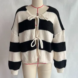Black and white striped knit cardigan detail, front tie bow design, casual autumn style