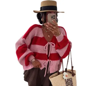 Women red pink striped knit cardigan v-neck bow tie sweater casual outerwear oversized top
