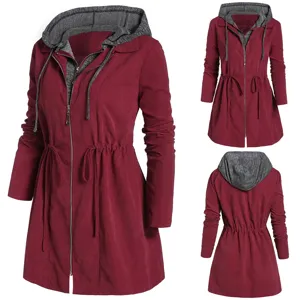 Women's casual hooded trench coat with fake two-piece design, zip front and waist drawstring.