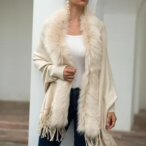 Women's Casual Loose Batwing Sleeve Faux Fur Collar Tassel Cape Poncho Open Front Cardigan Sweater For Autumn Winter