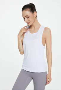 Canotta sportiva da donna bianca traspirante e senza maniche, ideale per yoga, corsa e palestra.