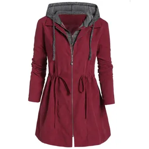 Women casual hooded trench coat, red zip-up jacket with grey inner layer and drawstring.