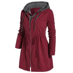 Womens casual hooded trench coat featuring double zipper and stylish drawstring waist design.