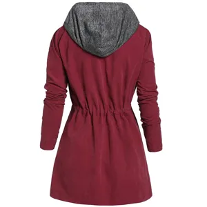 Back detail of women red hooded trench coat with grey contrast hood and drawstring waist.