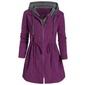 Women casual hooded trench coat purple drawstring waist full zip jacket close up detail view