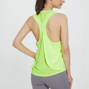 Canotta sportiva donna verde neon con schiena vogatore, top traspirante fitness yoga corsa.