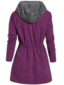 Back detail of women casual hooded trench coat with fake two-piece design and drawstring waist.