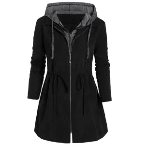 Detailed view of women casual hooded trench coat with double zipper and drawstring waist.