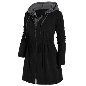 Women black hooded windbreaker jacket casual fake two piece drawstring coat outerwear